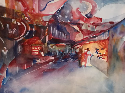 Abstract watercolor painting |Christmas Market| Maricarmen Bigler